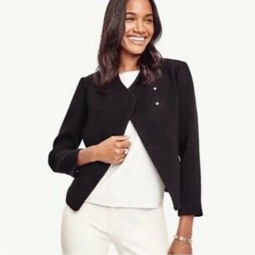 LOFT Black Blazer Asymmetrical Tailored Suit Jacket Size 2 Business Wool Blend